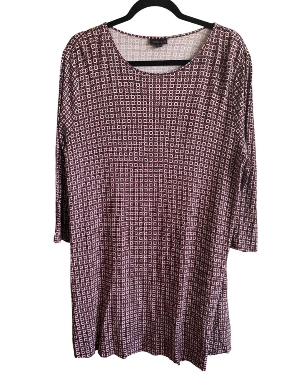 J Jill Wearever Burgundy Print Tunic Top 3/4 Sleeves Stretchy Comfortable Fabric